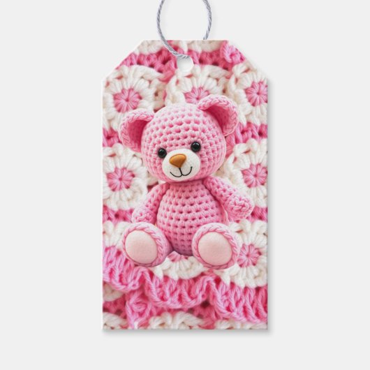 Cute Crocheted Teddy Bear Girl's Baby Shower ギフトタグ (正面)