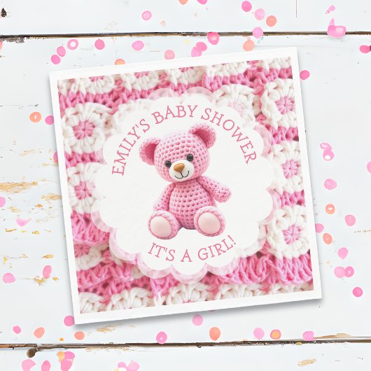 Cute Crocheted Teddy Bear Girl's Baby Shower スタンダードランチョンナプキン