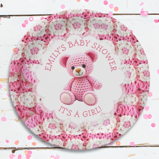 Cute Crocheted Teddy Bear Girl's Baby Shower ペーパープレート