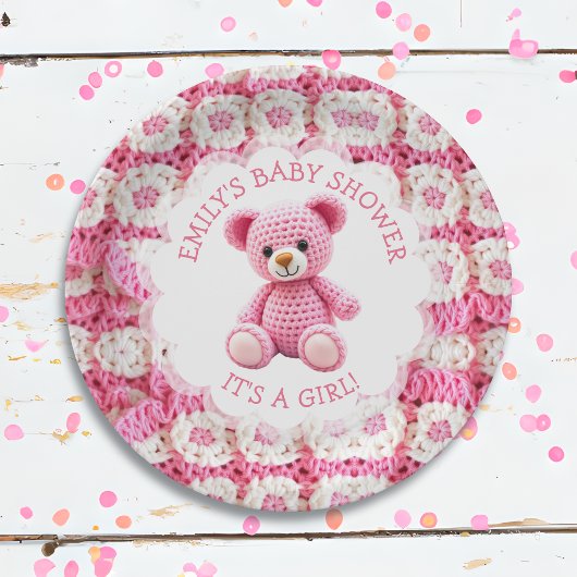 Cute Crocheted Teddy Bear Girl's Baby Shower ペーパープレート
