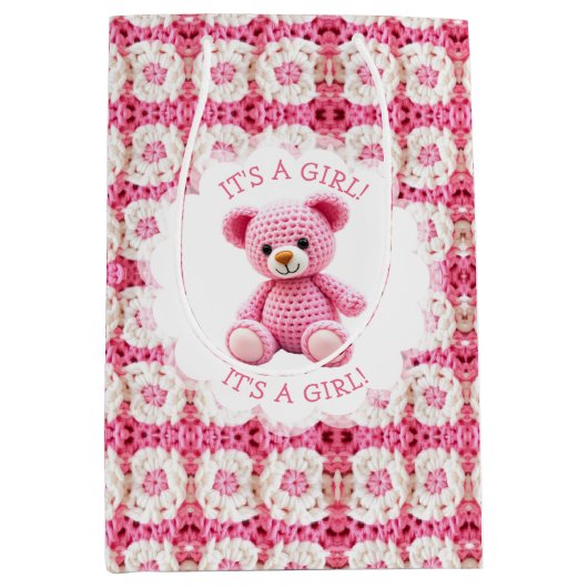 Cute Crocheted Teddy Bear Girl's Baby Shower ミディアムペーパーバッグ (正面)