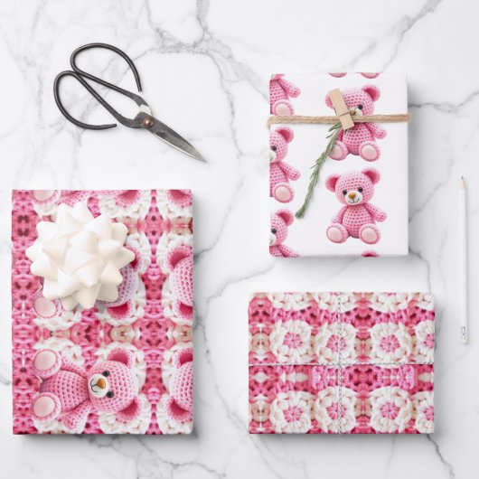 Cute Crocheted Teddy Bear Girl's Baby Shower ラッピングペーパーシート (正面)