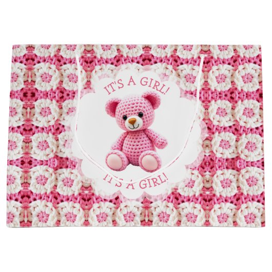 Cute Crocheted Teddy Bear Girl's Baby Shower ラージペーパーバッグ (正面)