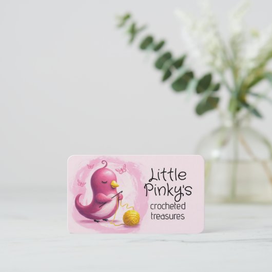 Cute crocheter pink bird crochet hook yarn 名刺 (スタンド正面)