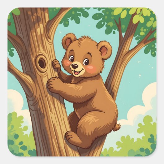 Cute cub bear climbing a tree スクエアシール (正面)