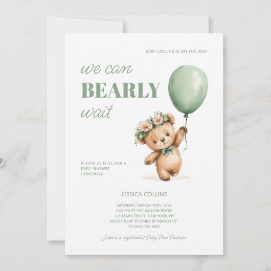 Cute Cub Sage Green We Can Bearly Wait Baby Shower 招待状 (正面)