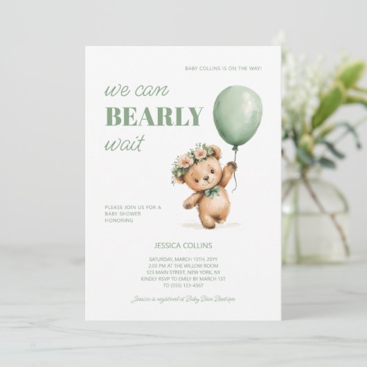 Cute Cub Sage Green We Can Bearly Wait Baby Shower 招待状 (スタンド正面)