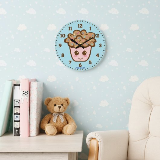 Cute Cupcake Nursery Wall Clock with Name ラージ壁時計