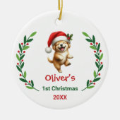Cute Custom Baby's First Christmas Festive Puppy セラミックオーナメント (正面)