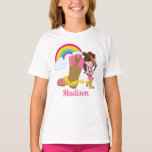 Cute Custom Cowgirl Birthday Party Kids Tシャツ<br><div class="desc">A cute brunette cowgirl in a pretty pink skirt with cow print vest,  a cowboy hat and boots,  holding a lasso. Customize with your little country girl's name and age. Perfect tee for a wild west birthday theme. Adorable rainbow on a children's tee.</div>