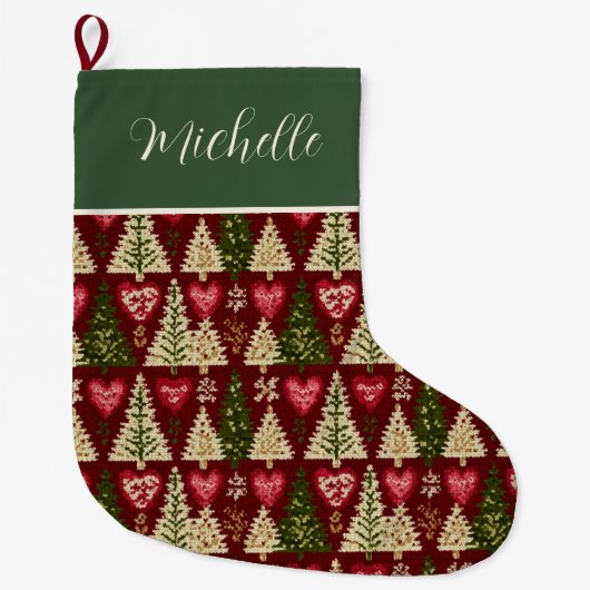 Cute Custom Knitted Style Christmas Trees Pattern  ラージクリスマスストッキング (正面)
