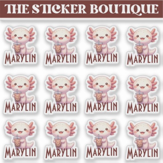 Cute Custom Name Adorable Axolotl Boba Tea シール (正面)