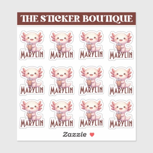 Cute Custom Name Adorable Axolotl Boba Tea シール (シート)