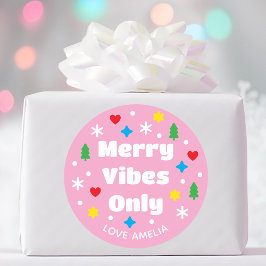 Cute Custom Name Holiday Retro Pink Christmas ラウンドシール