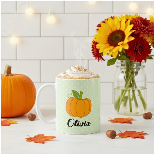 Cute Custom Name Polka Dot and Pumpkin コーヒーマグカップ