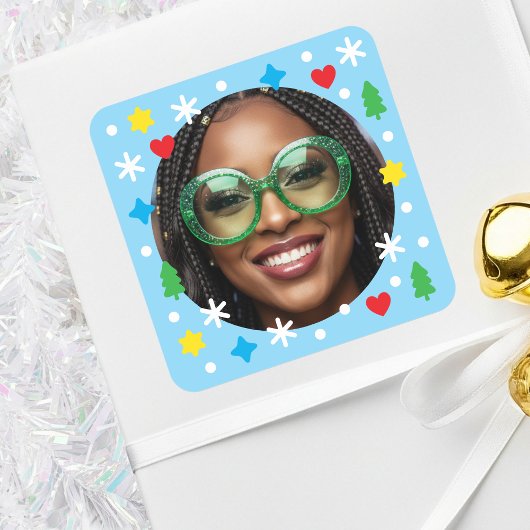 Cute Custom Photo Holiday Retro Blue Christmas スクエアシール