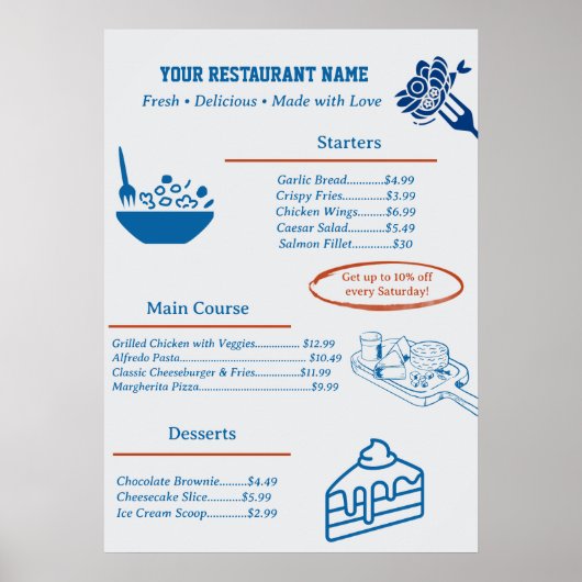 Cute Custom Restaurant Business Menu ポスター (正面)