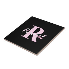 Cute Customizable Monogram | Light Pink & Black タイル