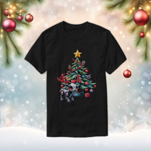 Cute Cyberpunk Reindeer with Christmas Tree Tシャツ