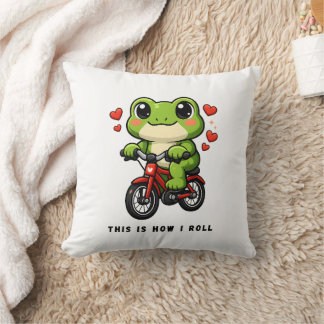 Cute Cycling Frog | Kawaii Frog Bicycle Art クッション