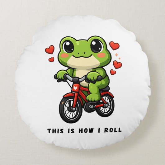 Cute Cycling Frog | Kawaii Frog Bicycle Art ラウンドクッション (正面)