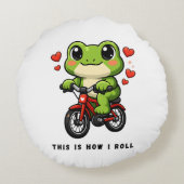 Cute Cycling Frog | Kawaii Frog Bicycle Art ラウンドクッション (裏面)