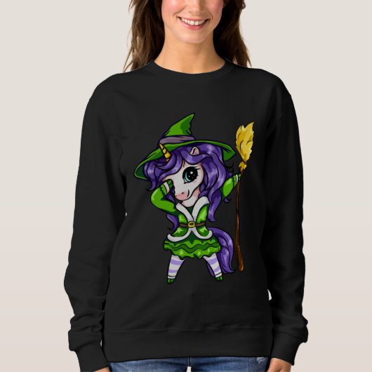 Cute Dabbing Unicorn Girl Witch With Broom Hallowe スウェットシャツ (正面)