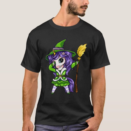 Cute Dabbing Unicorn Girl Witch With Broom Hallowe Tシャツ (正面)