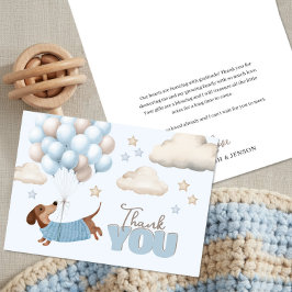 Cute Dachshund and Balloons Boy Baby Shower サンキューカード