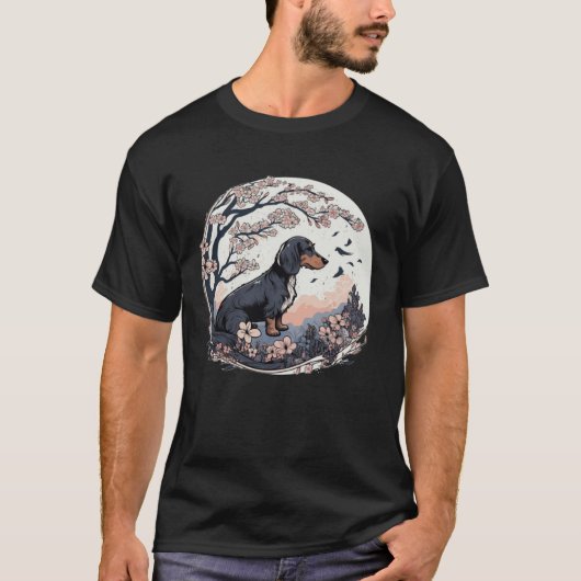 Cute Dachshund Cherry Blossom Dog Breed Japanese W Tシャツ (正面)