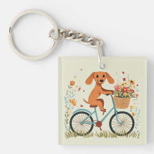 Cute Dachshund Dog Biking Spring Flowers キーホルダー (正面)