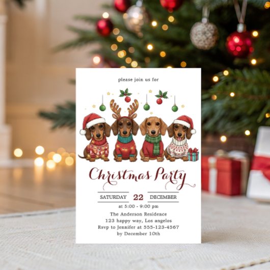 Cute Dachshund Dogs Christmas Party  招待状