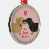 Cute Dachshund Dogs Kiss with Heart Custom Text メタルオーナメント (右)
