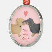 Cute Dachshund Dogs Kiss with Heart Custom Text メタルオーナメント (左)