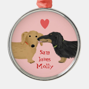 Cute Dachshund Dogs Kiss with Heart Custom Text メタルオーナメント