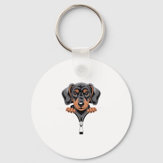 Cute Dachshund Peeking Out of Zipper Illustration キーホルダー (正面)
