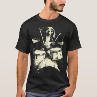 Cute Dachshund Playing Drums Funny Music Sausage D Tシャツ