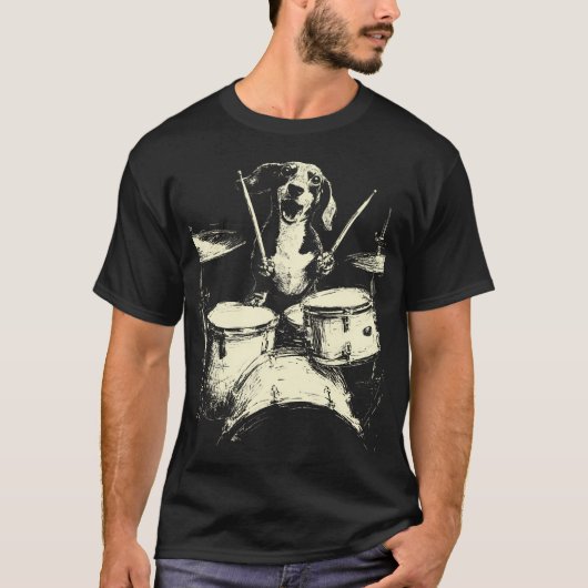 Cute Dachshund Playing Drums Funny Music Sausage D Tシャツ (正面)