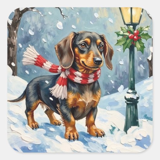 Cute Dachshund Puppy Cozy Winter Scarf Art スクエアシール (正面)