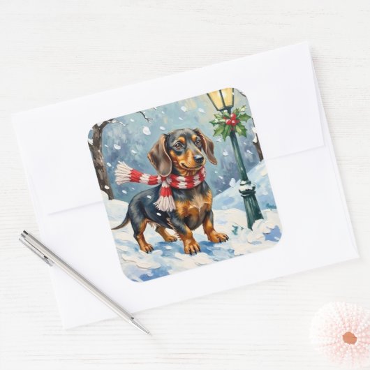 Cute Dachshund Puppy Cozy Winter Scarf Art スクエアシール (封筒)