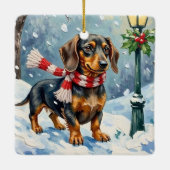 Cute Dachshund Puppy Cozy Winter Scarf Art セラミックオーナメント (裏面)