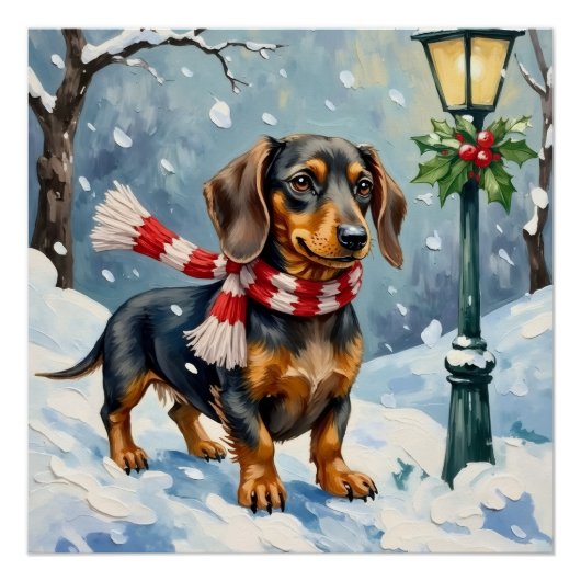 Cute Dachshund Puppy Cozy Winter Scarf Art ポスター (正面)