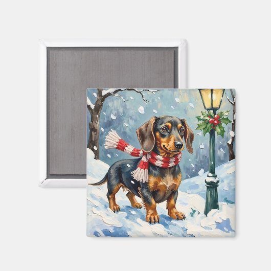 Cute Dachshund Puppy Cozy Winter Scarf Art マグネット (正面/裏面)
