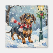 Cute Dachshund Puppy Cozy Winter Scarf Art マグネット (正面)