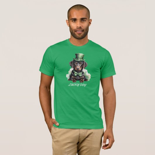 Cute Dachshund Puppy St. Patrick's Day Lucky Dog W Tシャツ (正面フル)
