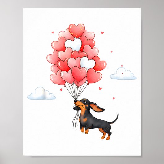 Cute Dachshund Valentine Heart Balloon Dog Lover  ポスター (正面)