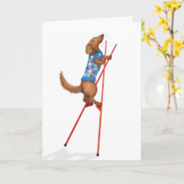 Cute dachshund walking on stilts card カード