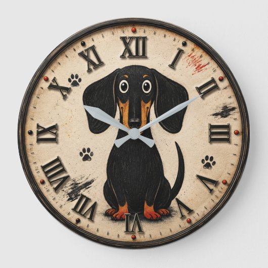 Cute Dachshund Wiener Funny Sausage Dog Rustic Pet ラージ壁時計 (正面)