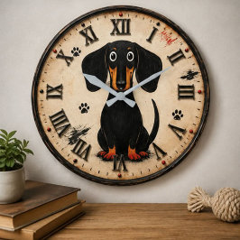 Cute Dachshund Wiener Funny Sausage Dog Rustic Pet ラージ壁時計