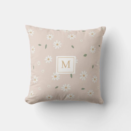 Cute Daisies Floral Blossoms & Greenery Monogram クッション (正面)